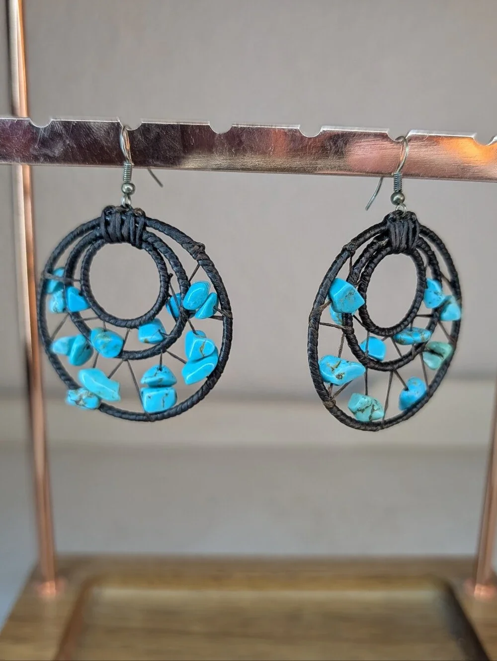 Turquoise Southwestern Boho Handmade Circular Dangle Earrings Wire Wrapped